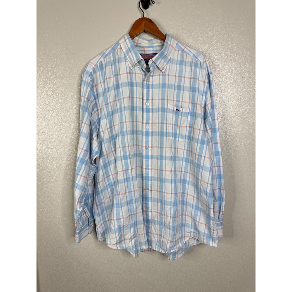 Vineyard Vines Tucker Shirt Mens XL Blue Pink Plaid Cotton Button Down LS Whale